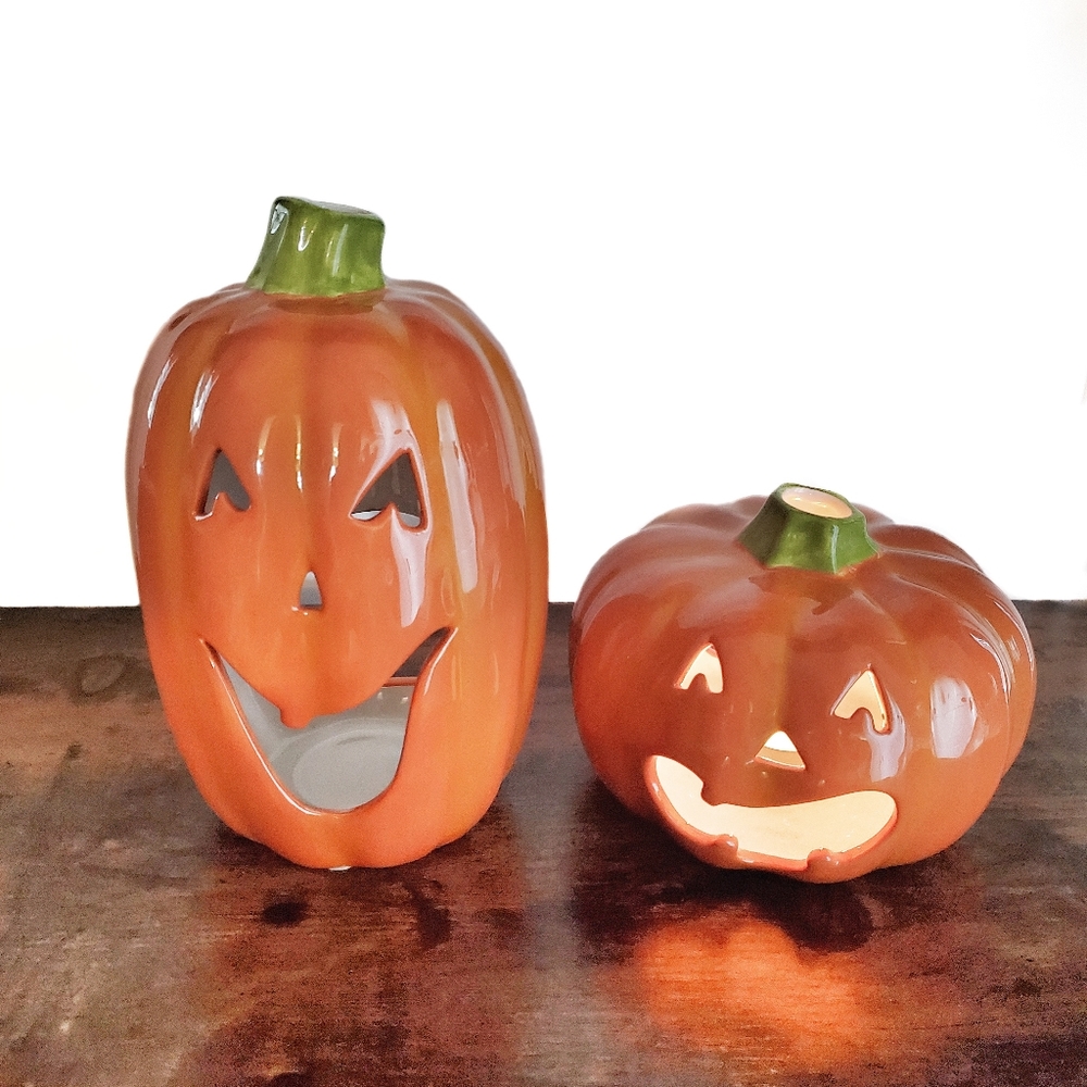 Halloween Pumpkin Ceramic Holiday Candle Holders Set Of 2 - Picture 5 of 9